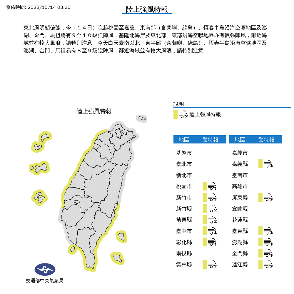 今天晚間起，桃園至嘉義，一直到恆春半島等13縣市，又要刮起9至10級強陣風。 圖：中央氣象局/提供