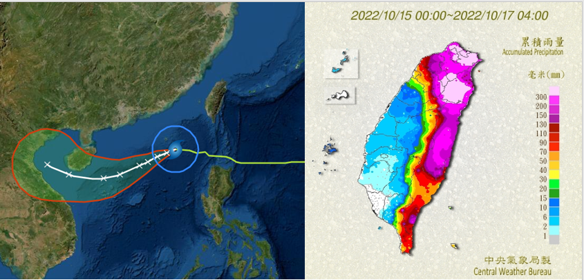 今(17)日清晨4時北部、東半部已有大量降雨，最大累積雨量為台北擎天崗的1230毫米，其次為宜蘭大同鄉975毫米。 圖：翻攝自老大洩天機專欄（中央氣象局）