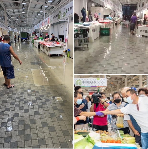 新北市長侯友宜（右下圖右）本月4日才開心把樹林保安市場改建視為重要政績宣傳，沒想到一場暴雨市場淹水情形嚴重，政績破功。 圖：翻攝自卓冠廷臉書