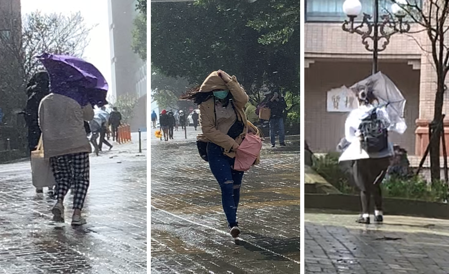 文化大學宣佈正常上課，但今早校內天氣惡劣，暴雨加 7 級強風，讓學生寸步難行。 圖: 文化大學學生傅茗渝提供