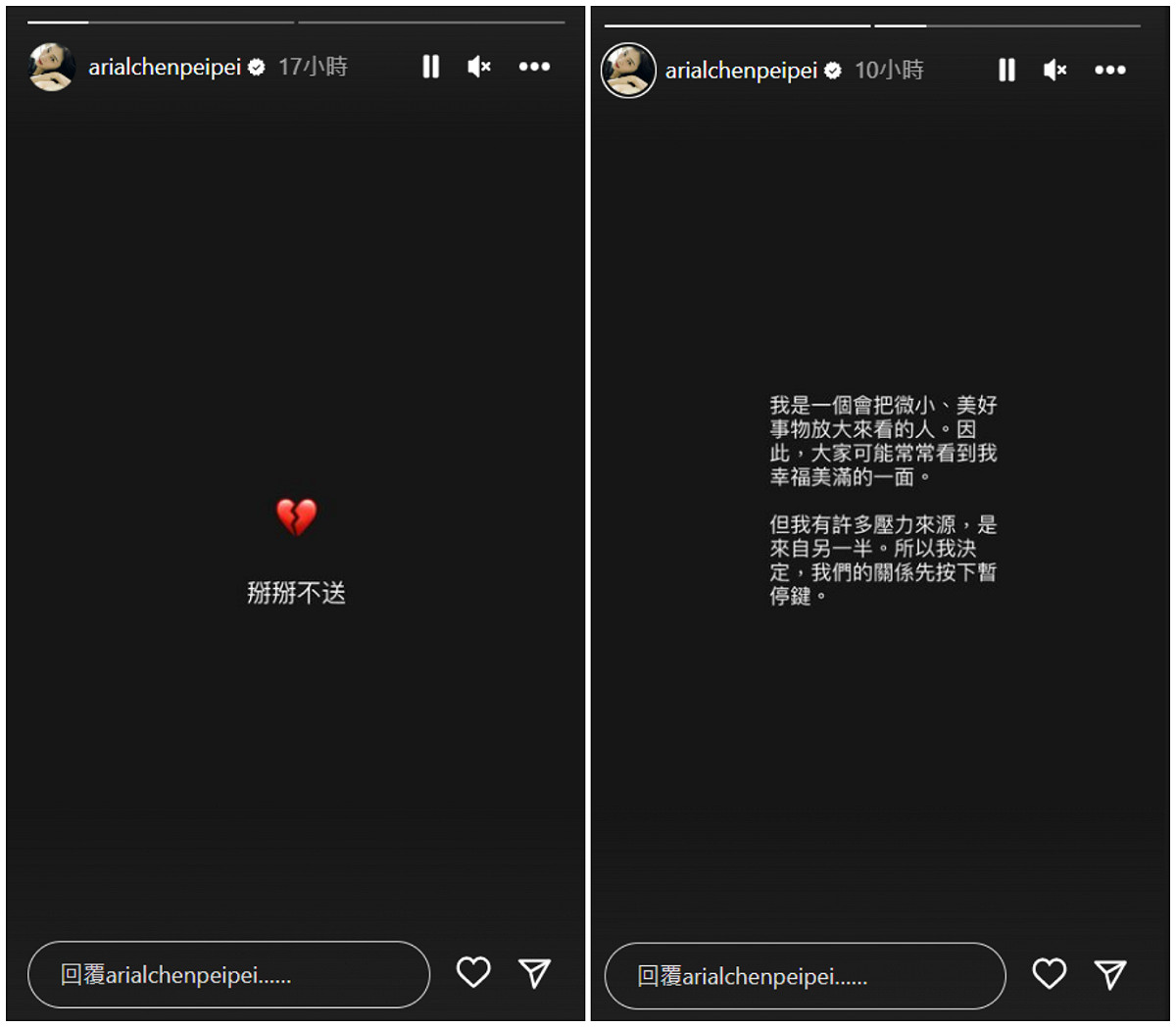陳佩佩突然在IG限動寫下「我的們關係先按下暫停鍵」。 圖：翻攝自IG/arialchenpeipei