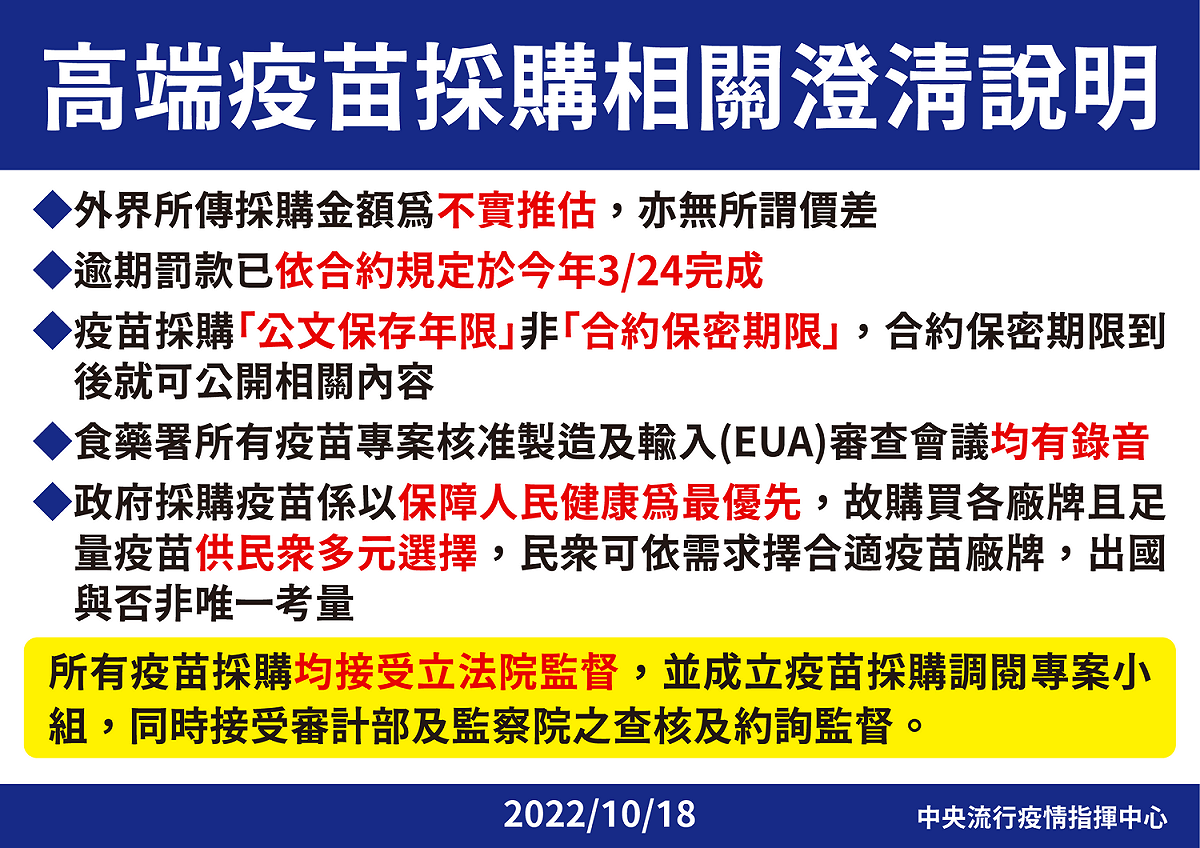 高端疫苗採購相關澄清說明。 圖：中央流行疫情指揮中心／提供