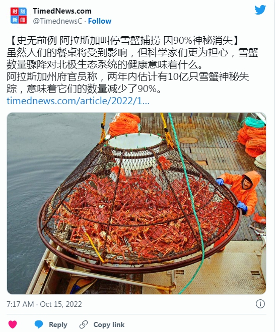 數十億隻阿拉斯加雪蟹突然失蹤。 圖 : 翻攝自 TimedNews 推特