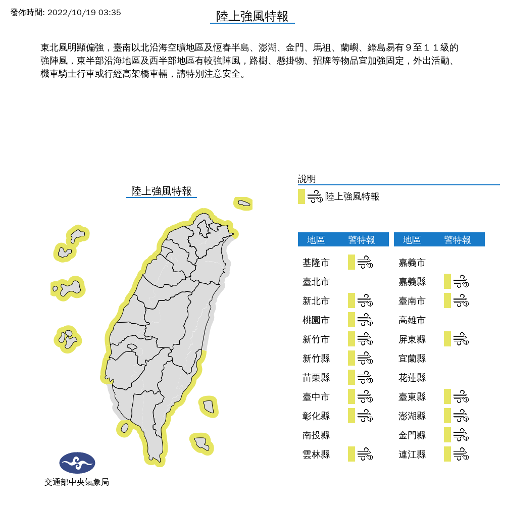 今天台南以北沿海空曠地區，以及恆春半島、澎湖、金門、馬祖、蘭嶼、綠島等16縣市容易有9至11級的強陣風，要留意陸上強風特報。 圖：中央氣象局/提供