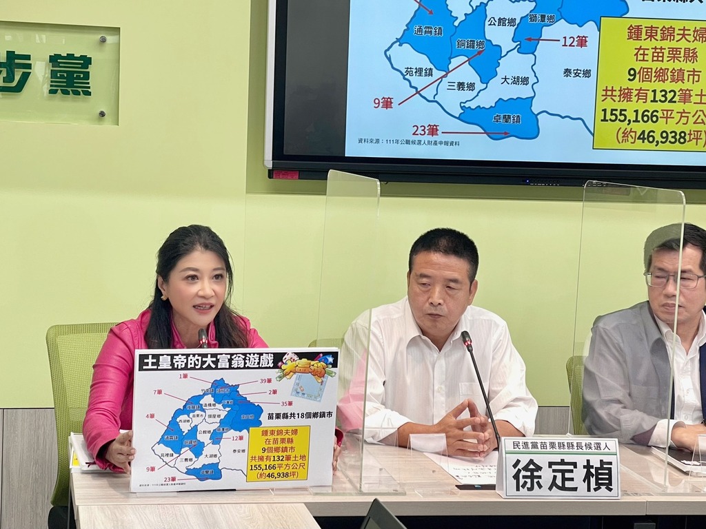 民進黨立委林楚茵等人今天在民進黨立院黨團召開記者會，炮轟苗栗縣長候選人鍾東錦坐擁上百筆土地卻自稱庶民。 圖：翻攝自林楚茵臉書