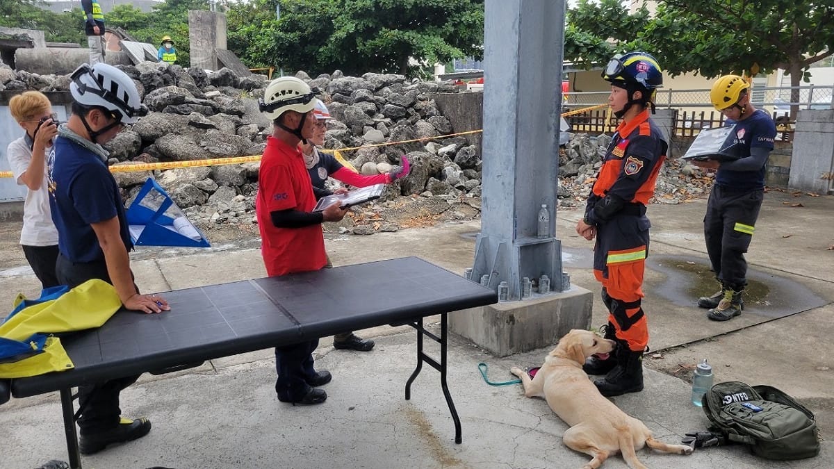 此次全國搜救犬共計53支隊伍參賽，測驗領犬員帶領犬隻、規劃現場搜索計畫能力、檢測犬隻在黑暗中、瓦礫堆搜索中的服從性及穩定性。 圖：新北市消防局提供