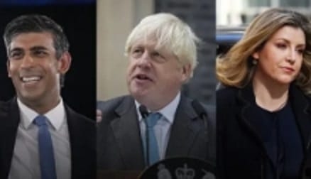誰來接任下屆英國首相? 蘇納克 (左) 、強生 (中) 和莫當特 (右) 被點名。