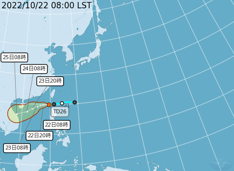 氣象局預估TD26最快明日成颱。 圖：取自中央氣象局網站