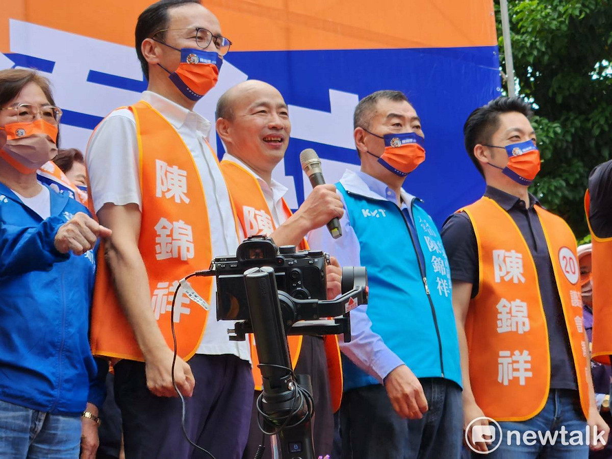 韓國瑜與國民黨主席朱立倫、台北市長候選人蔣萬安共同替陳錦祥站台。 圖：黃建豪/攝