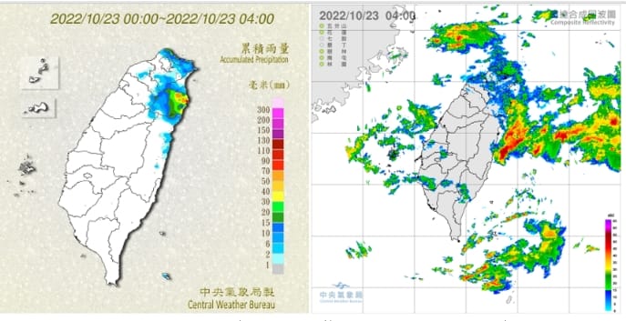 今天截至4時累積雨量圖顯示，北台已有明顯降雨(左圖)；4時雷達回波合成圖顯示，迎風面有較多的降水回波(右圖) 圖/「三立準氣象．老大洩天機」專欄