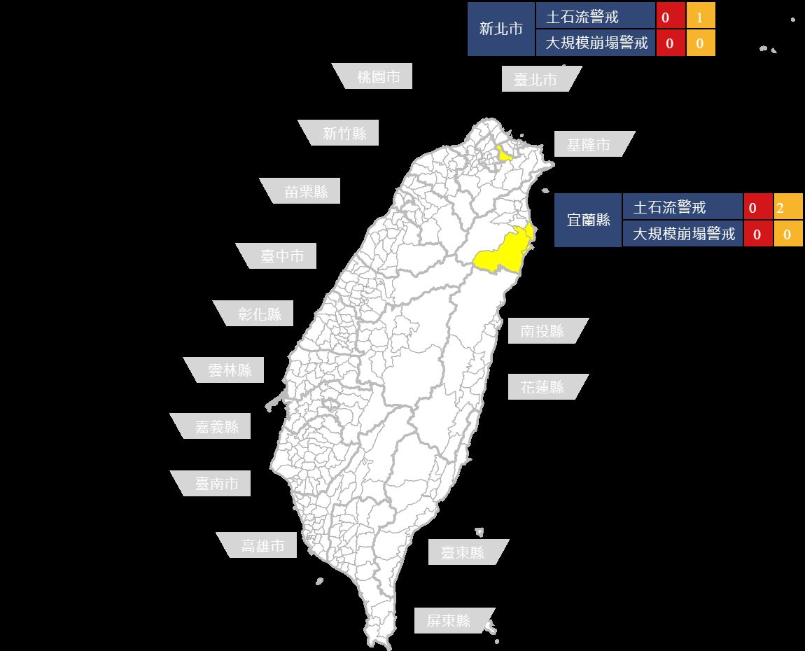 水保局從昨天起也針對，宜蘭縣南澳鄉東岳村、蘇澳鎮東澳里，及新北市汐止區東山里等2縣市發布土石流黃色警戒。 圖：翻攝自農委會水保局