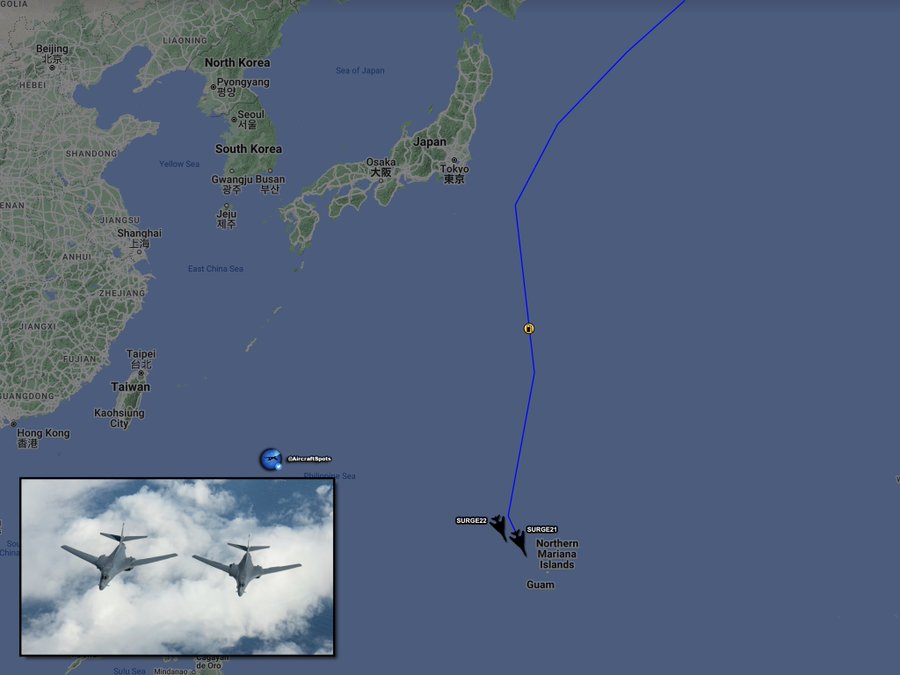 美國空軍奉命執行「轟炸機特遣支隊」任務，派遣至少4架B-1B「槍騎兵」(Lancer)重型長程戰略轟炸機進駐關島安德生空軍基地。 圖：翻攝@AircraftSpots推特