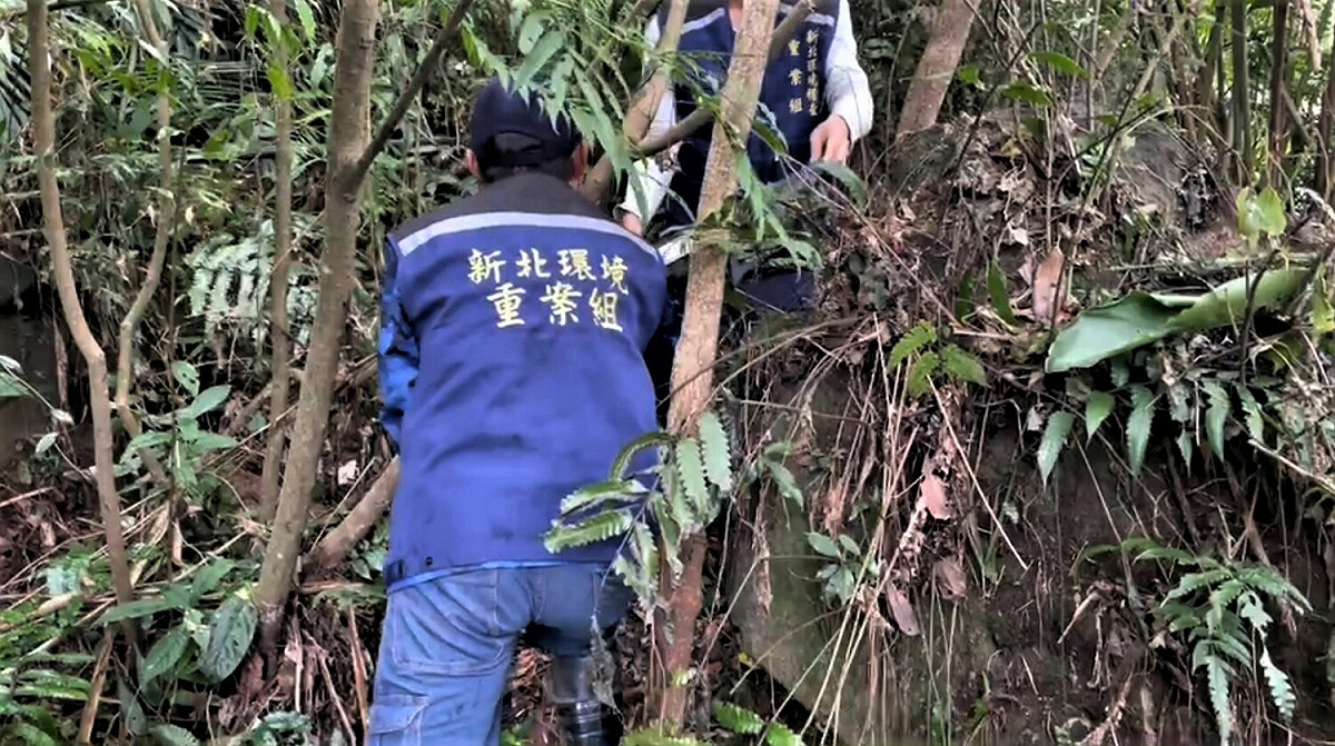 重案組埋伏於山林中，架設偽裝攝影機。 圖：新北市環保局提供