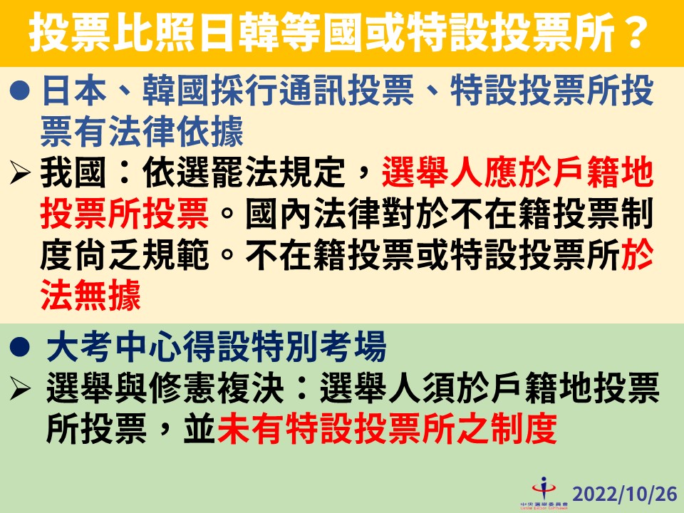 中選會今在疫情記者會上說明確診者無法投票的相關原因，以及投票無法比照日韓等國或特設投票所相關原因。 圖：中央流行疫情指揮中心/提供