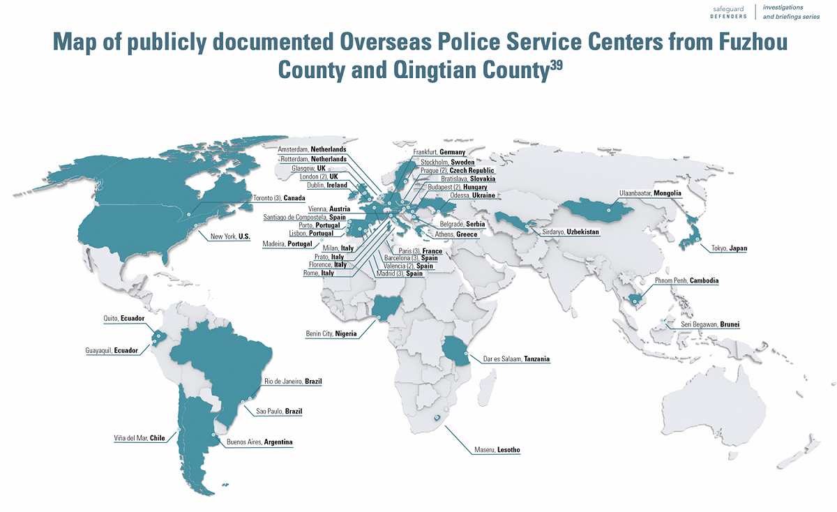 非政府組織「保護衛士」（Safeguard Defenders）《110海外：失控的中國跨國公安》報告揭露了中共在海外所設的警察點。 圖：翻攝報告Chinese Transnational Policing Gone Wild