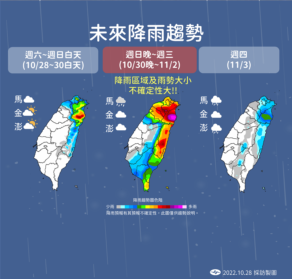 明日到下週四的雨量預測趨勢。 圖：中央氣象局／提供