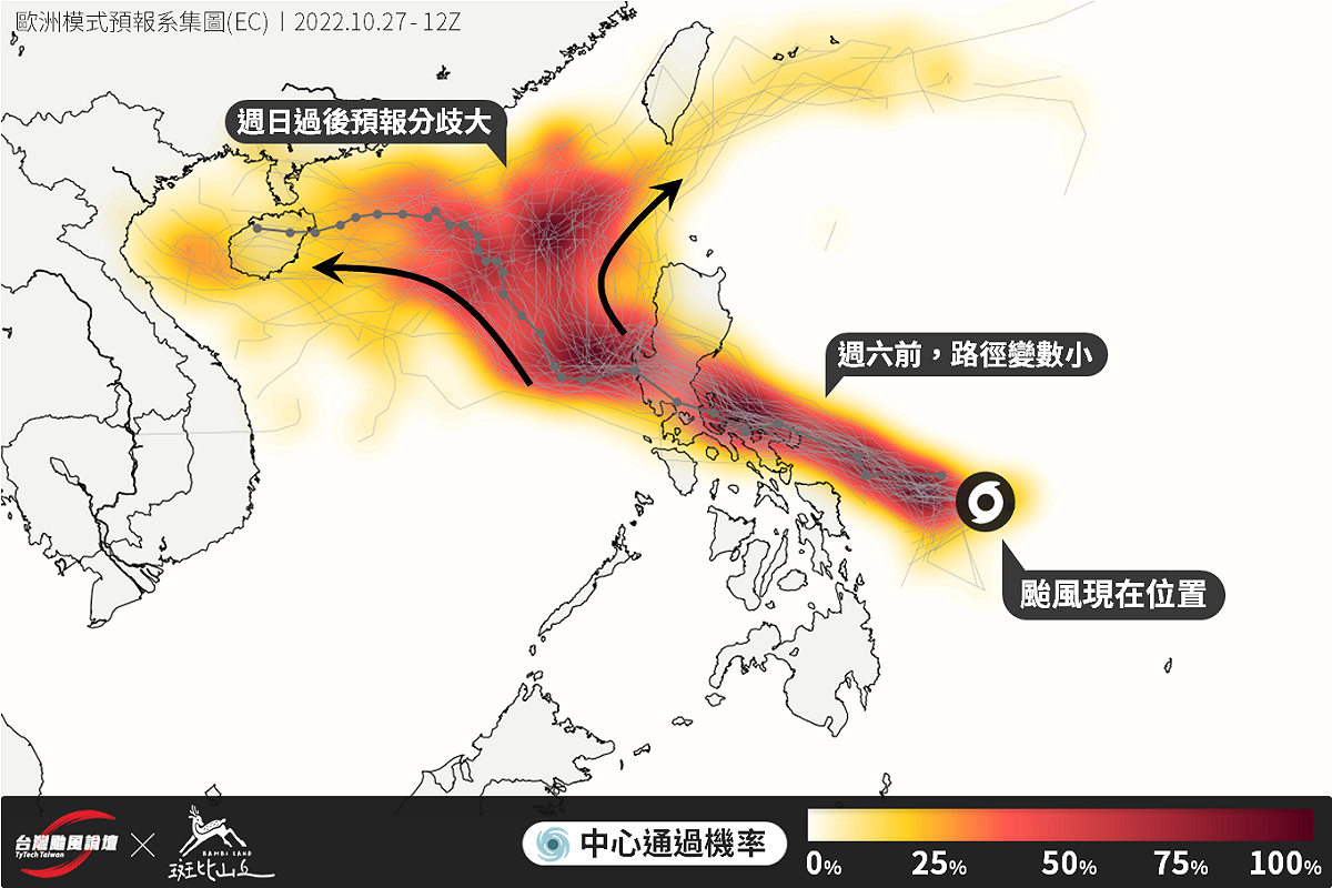目前奈格颱風週日後的路徑分歧還很大。 圖：取自《台灣颱風論壇｜天氣特急》臉書