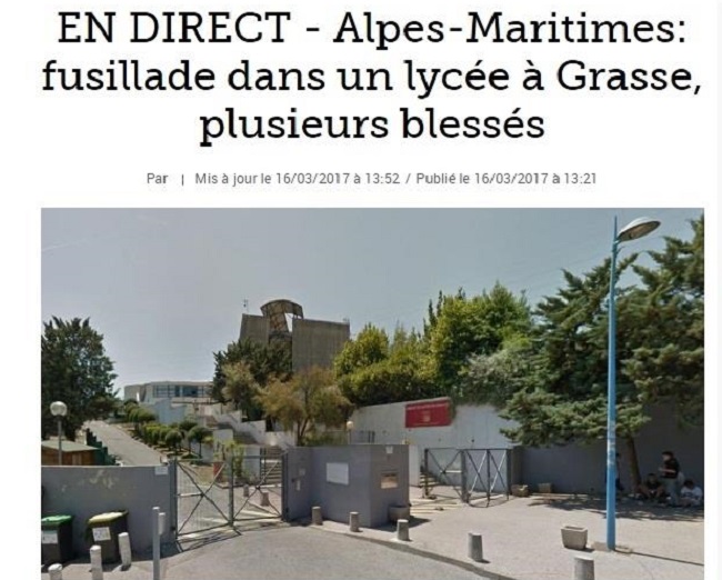 法國南部格拉斯鎮（Grasse）托克維爾中學16日發生校園槍擊案，包括校長在內，已知有3人受傷。 圖：翻攝Le Figaro官網