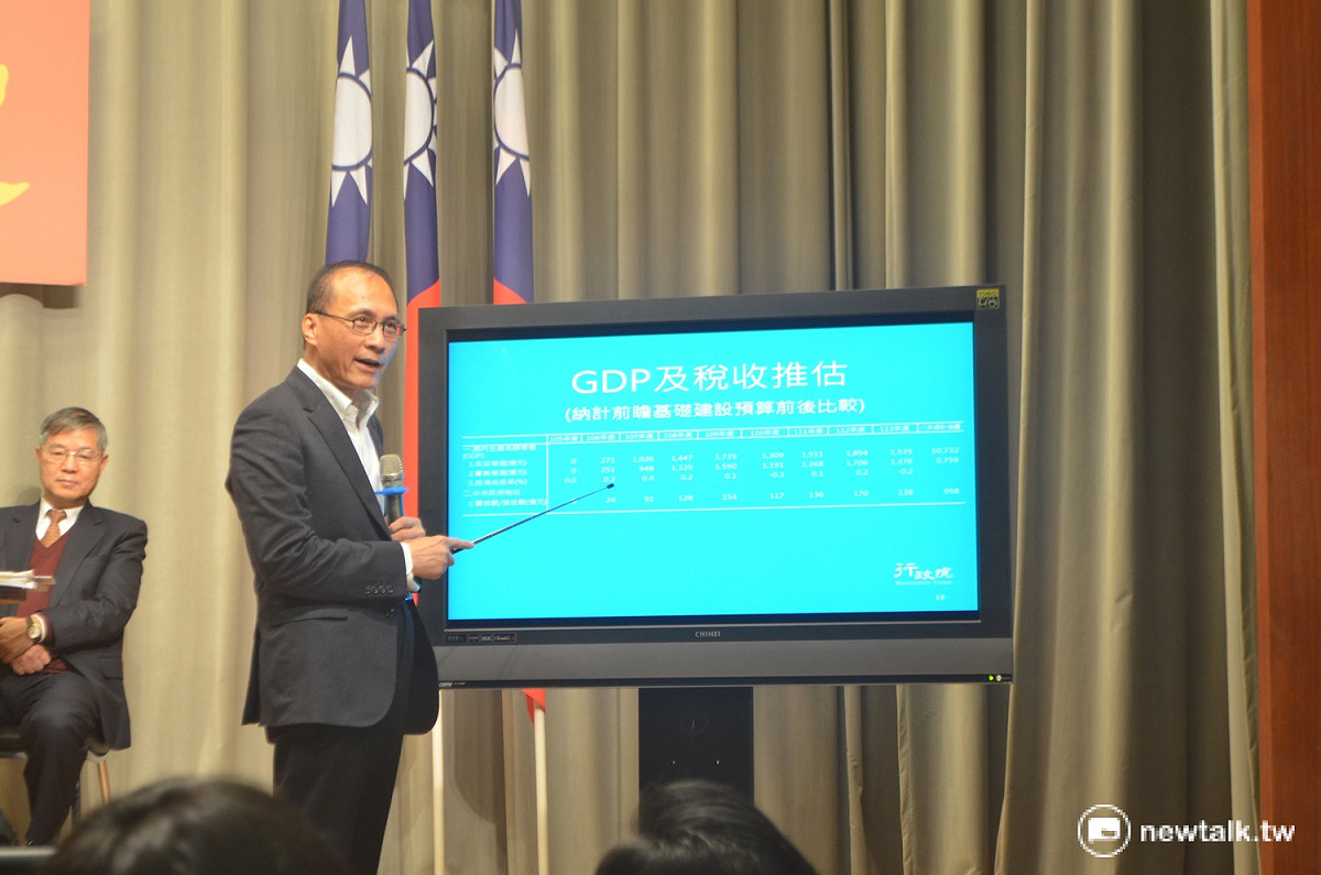 行政院長林全化身「林教授」，解釋前瞻基礎建設計畫帶來的經濟效益，以及財政上的數據。 圖：柯昱安/攝