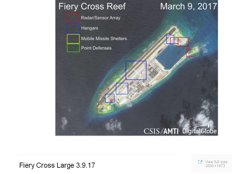 根據美國智庫「亞洲海事透明倡議」公布的最新衛星照，永暑島上的軍事工事幾近完工。 圖：翻攝「亞洲海事透明倡議」官網
