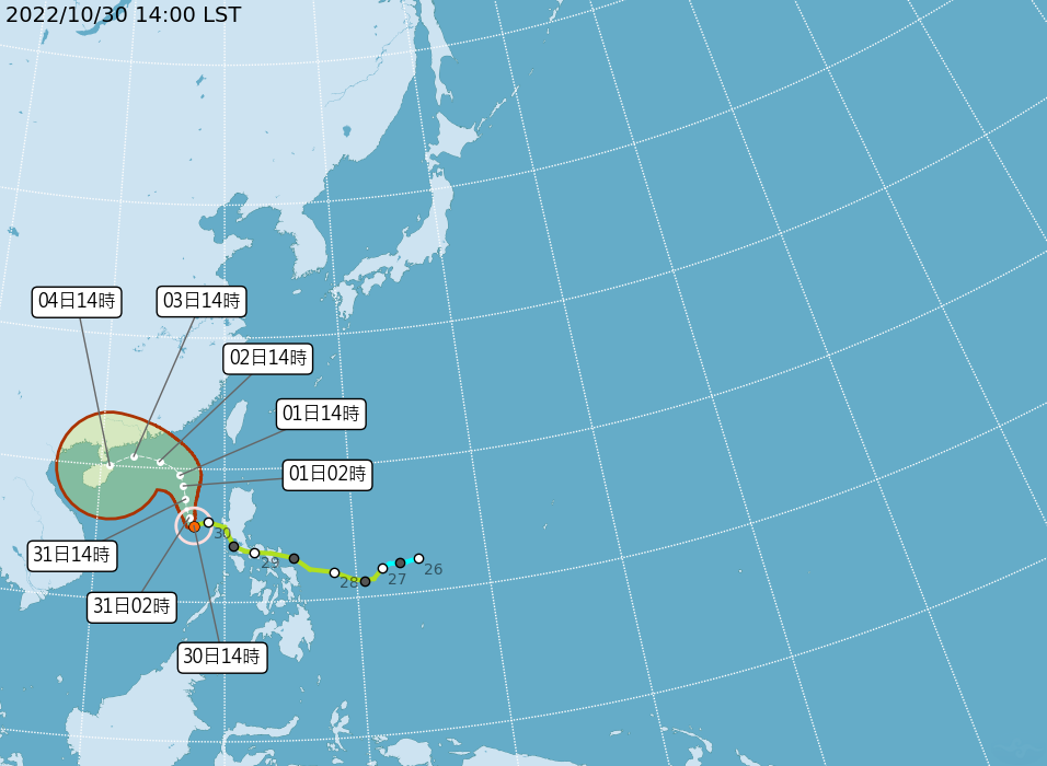 自今晚起至週二受到奈格颱風外圍環流及影響東北季風，北部、東半部易有局部大雨或豪雨。 圖：中央氣象局／提供