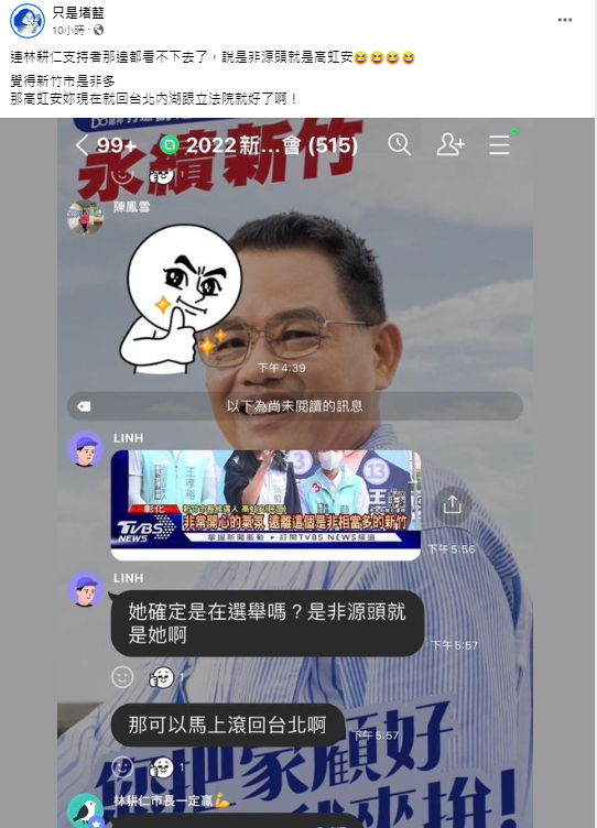 林耕仁支持者看不下去直呼「是非源頭就是高虹安啊」。 圖：擷自粉專「只是堵藍」