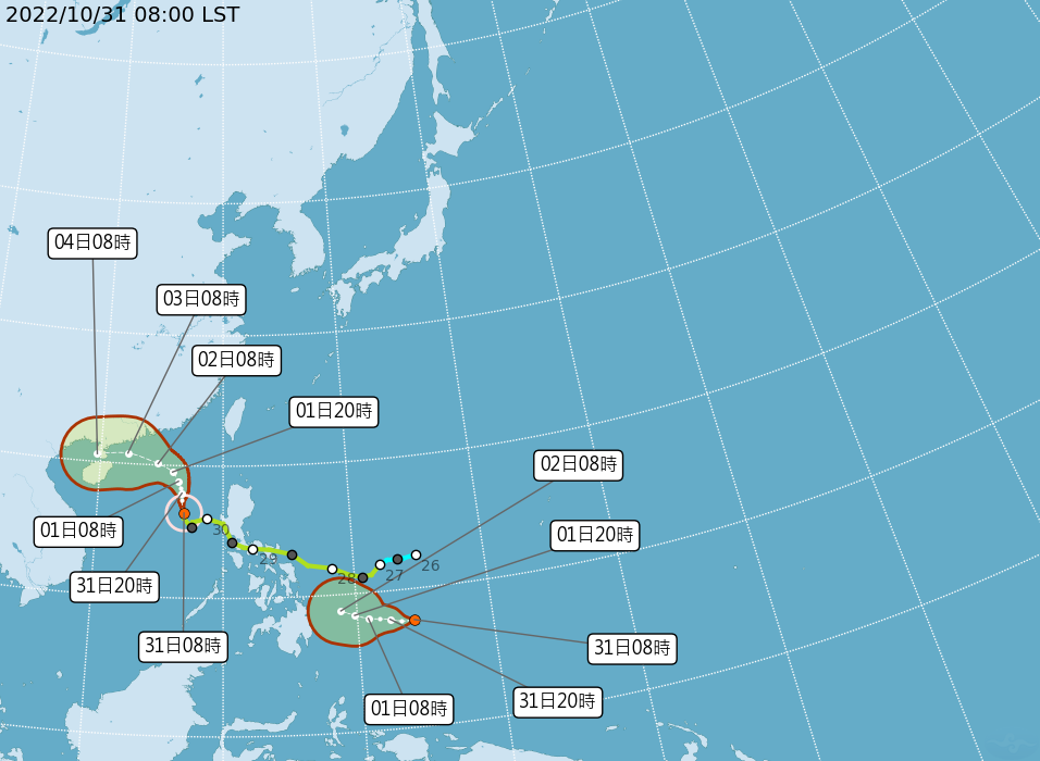 今天上午8時呂宋島西南方海面又有熱帶性低氣壓「TD28」生成，不過對台灣天氣沒有影響。 圖：翻攝自中央氣象局