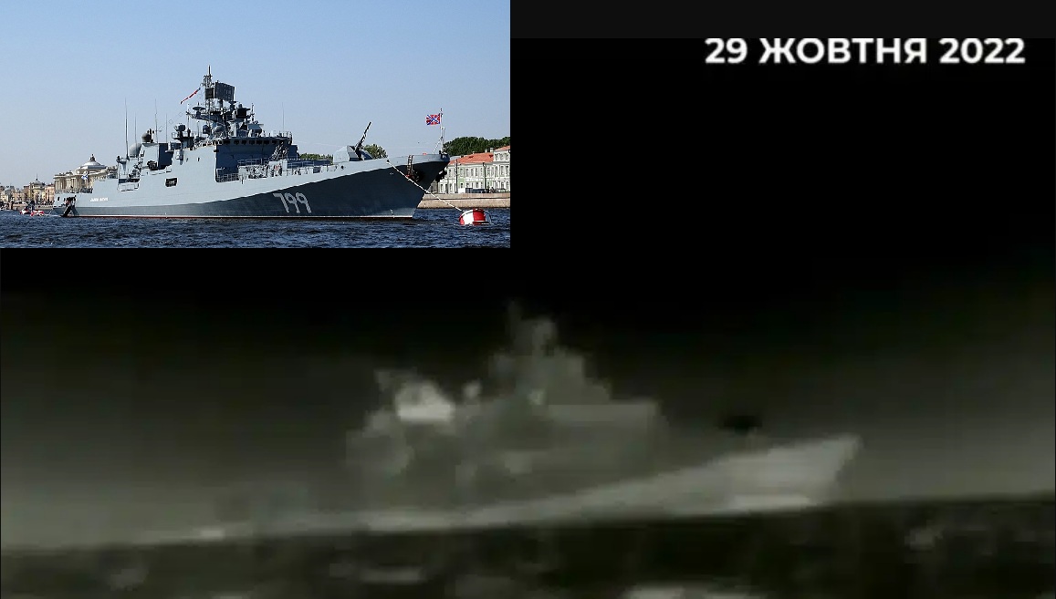 俄羅斯黑海艦隊位於克里米亞最重要的塞凡堡海軍基地，29日傳出遭烏克蘭無人機艦襲擊，傳黑海艦隊新旗艦「馬卡洛夫上將號」巡防艦在可能遭攻擊受創。 圖：@SubBrief推特截圖．維基百科/新頭殼合成