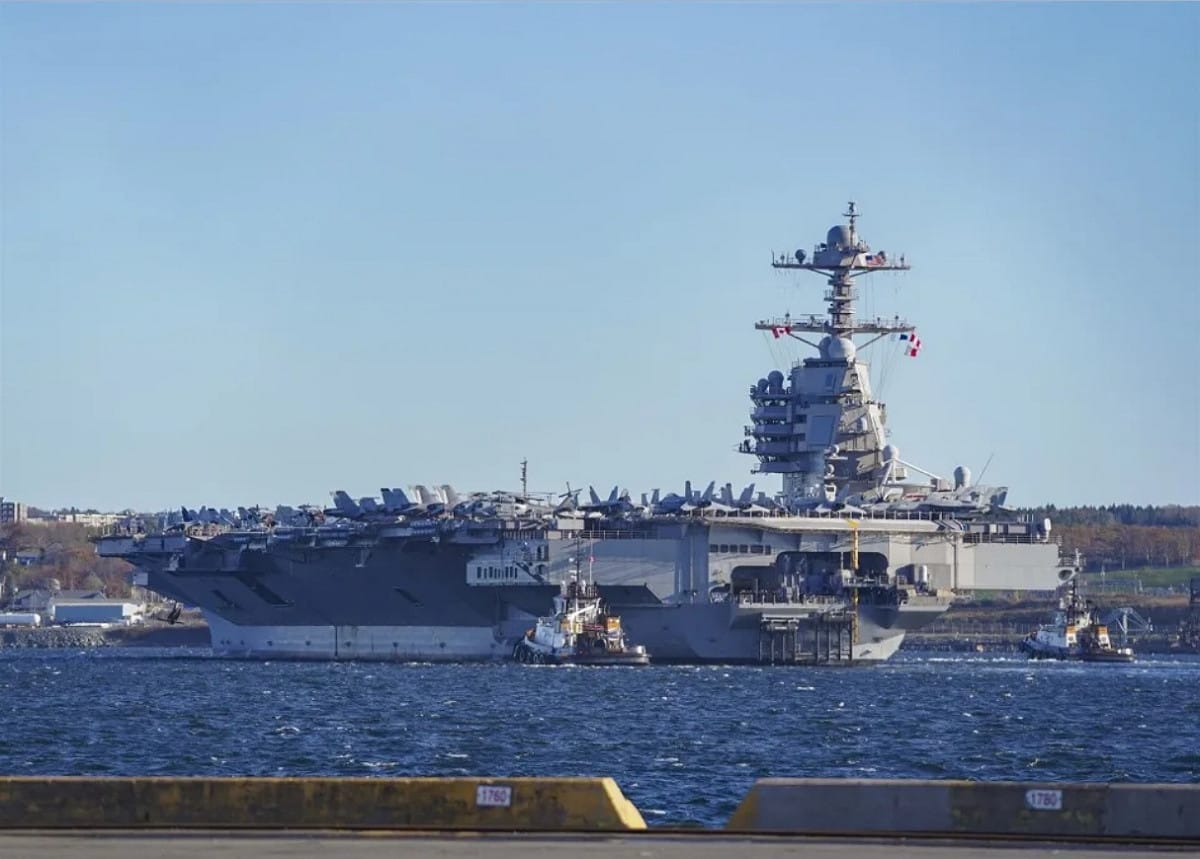 美國最新銳航空母艦「福特號(CVN-78)」28日訪問加拿大哈利法克斯(Halifax)，傳預計11月中旬抵達英國。 圖：翻攝US NAVY
