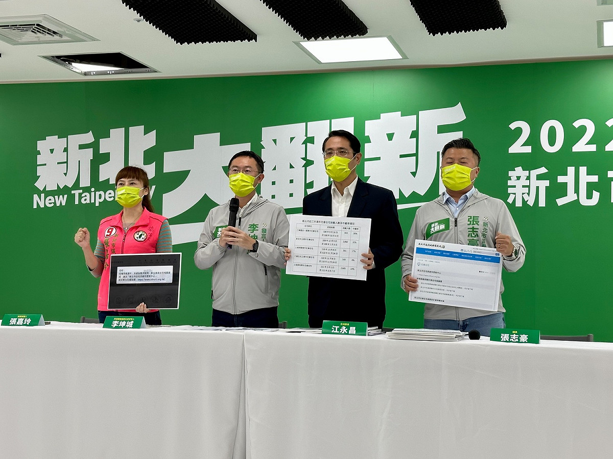 今(31)日民進黨新北市長候選人林佳龍競選辦公室發言人李坤城，與立委江永昌、新北市議員張志豪、議員候選人張嘉玲，共同召開「請問新北市長侯友宜，你的社宅蓋在哪？」記者會。 圖：林競辦提供