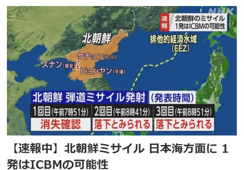 日本放送協會NHK報導，朝鮮再朝日本海方向發射至少3枚飛彈，其中1枚可能是洲際彈道導彈。 圖：翻攝自NHK官網（資料照）