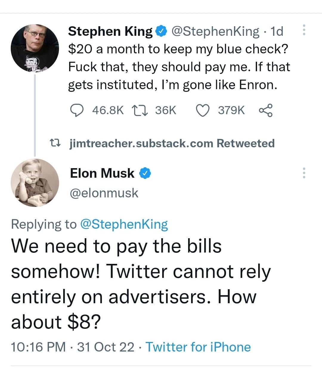 馬斯克（Elon Musk）與美國知名作家史蒂芬·金（Stephen King）在網路上筆戰。 圖：翻攝自推特