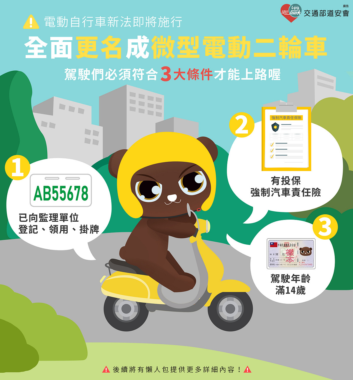 騎乘微型電動二輪車3大條件。 圖：新北市交通局/提供