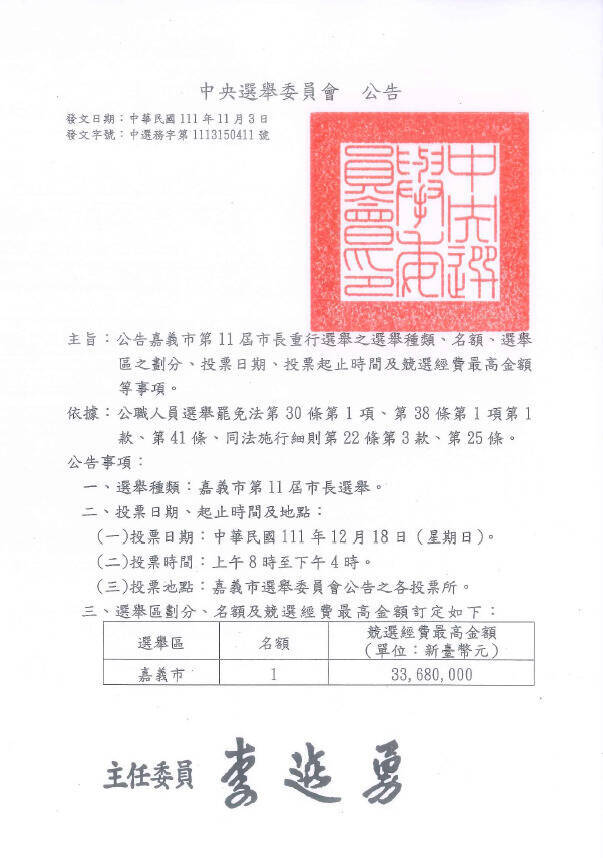 中選會今（3）日召開委員會，決定嘉義市長重行選舉於12月18日上午8時至下午4時舉行。圖為選舉公告。 圖：翻攝中選會公告