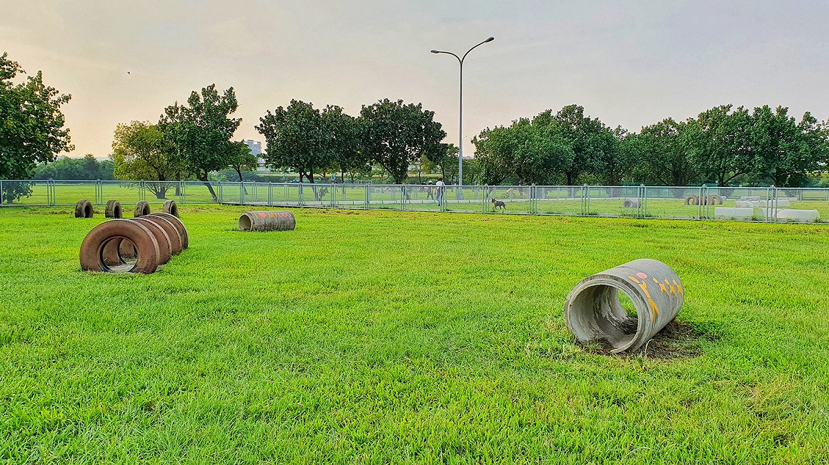 浮洲寵物公園-混凝土水管可讓寵物鑽跑運動。 圖：新北市高灘處提供