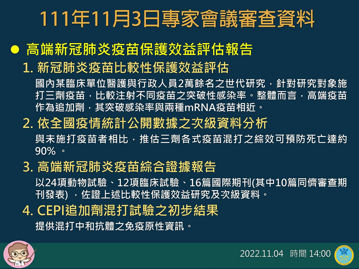 高端EUA核准歷程及保護效益審查說明 2。 圖：中央流行疫情指揮中心/提供