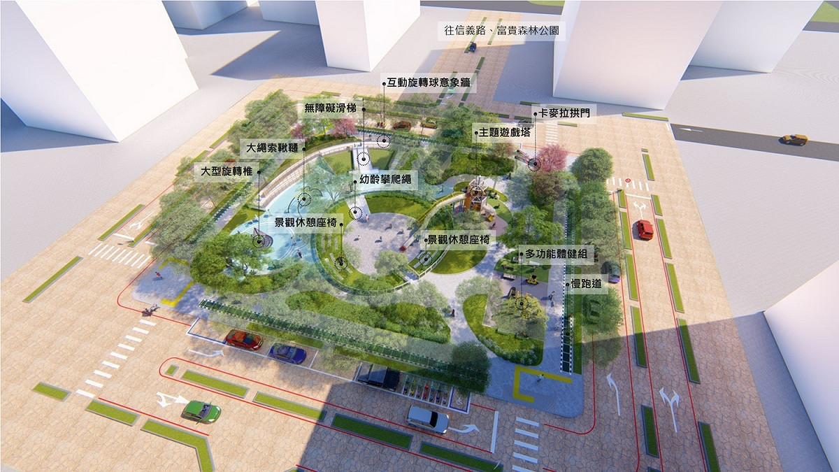 完工後的林口吉祥公園，不僅創造具在地特色之主題公園，滿足各年齡層使用需求，提供市民安心、慢活、運動的生活綠地遊憩空間，也能提升林口區整體生活品質，營造更為友善的人本都會步行環境，此圖為完工模擬圖。 圖：新北市工務局提供