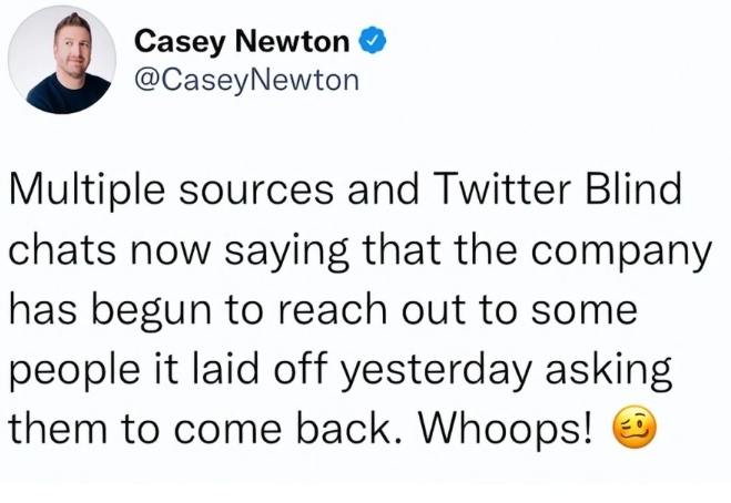 Casey Newton說，從多個管道得知， Twitter 公司正在聯繫昨天被裁掉的員工，希望他們重新回公司工作。 圖 : 翻攝自推特