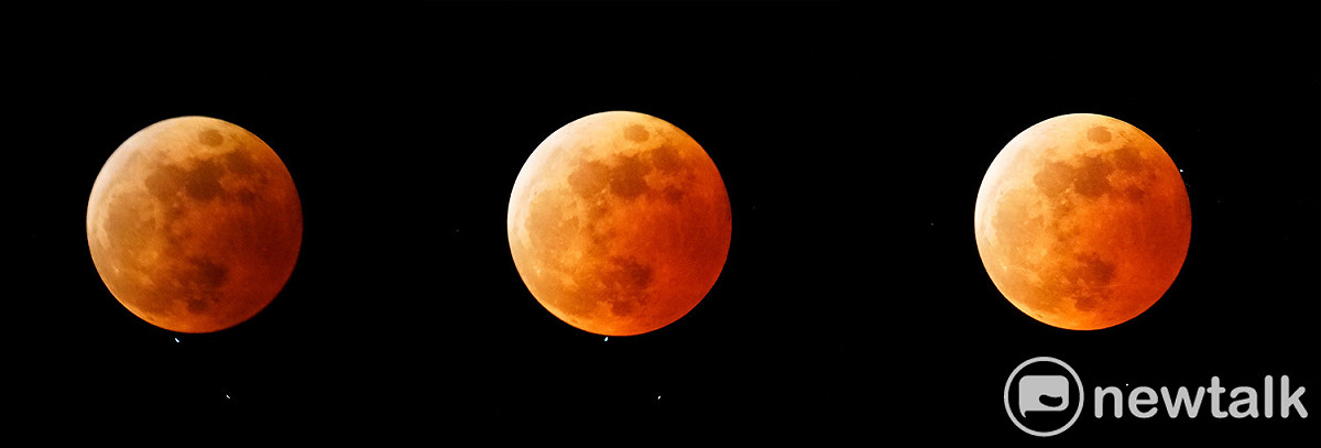 月全蝕與月掩天王星的天文現象今晚同時登場，圖為18:59到19:03月掩天王星的連續畫面（由左至右）。 圖：張良一/攝