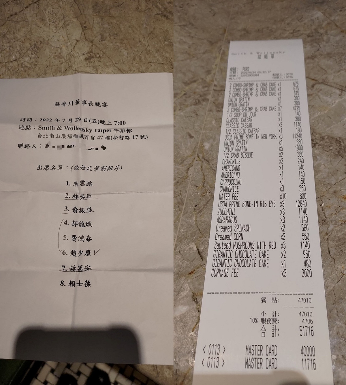 「四叉貓」表示「信箱收到奇怪的圖片」，顯示的是「薛香川董事長晚宴」的邀請名單，宴請包括蔣萬安、趙少康等8人，還有消費明細，金額5萬多元。 圖：翻攝自劉宇臉書