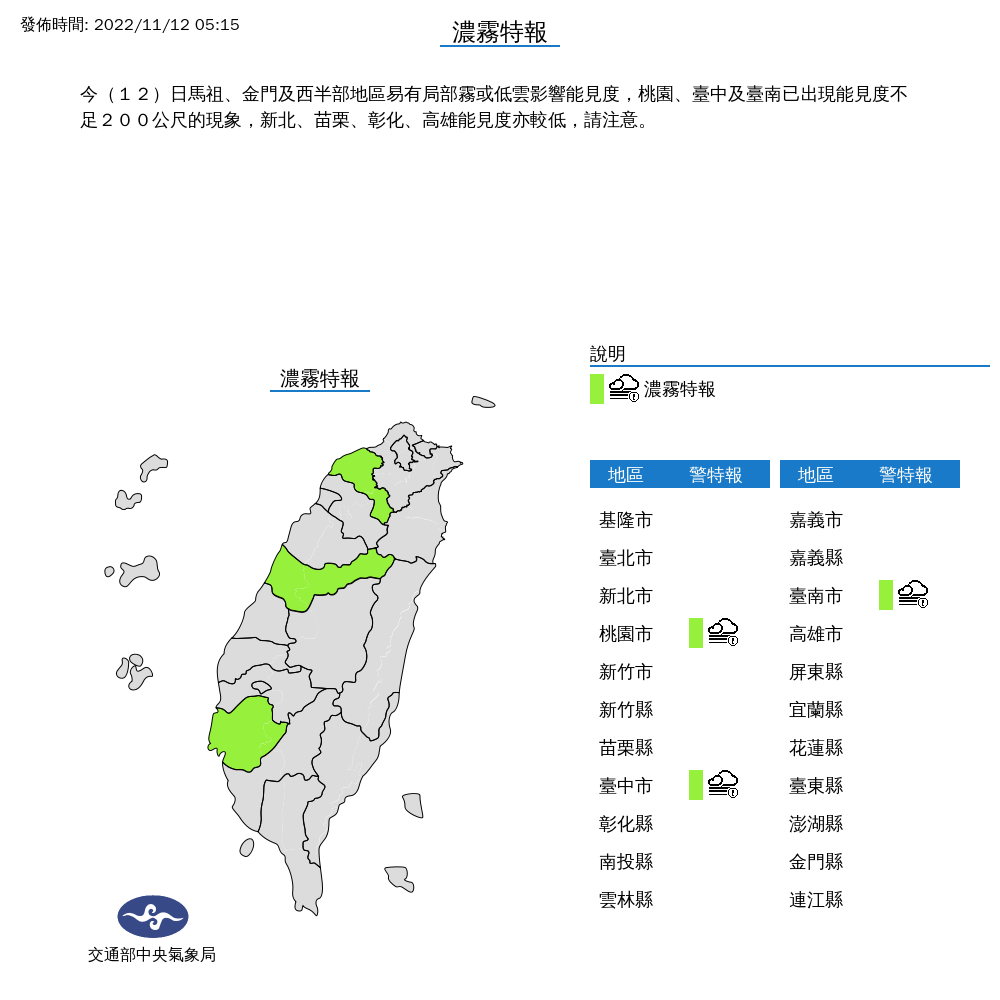 桃園市、台中市、台南市防濃霧 圖／翻攝自中央氣象局