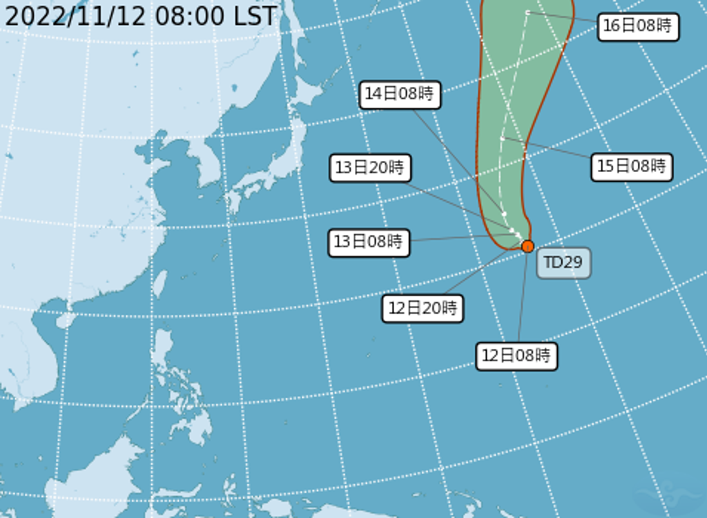 中央氣象局表示，台灣東邊4600公里的海域形成熱帶性低氣壓，預估24小時內就會形成第24號颱風「山貓」。 圖：翻攝自中央氣象局