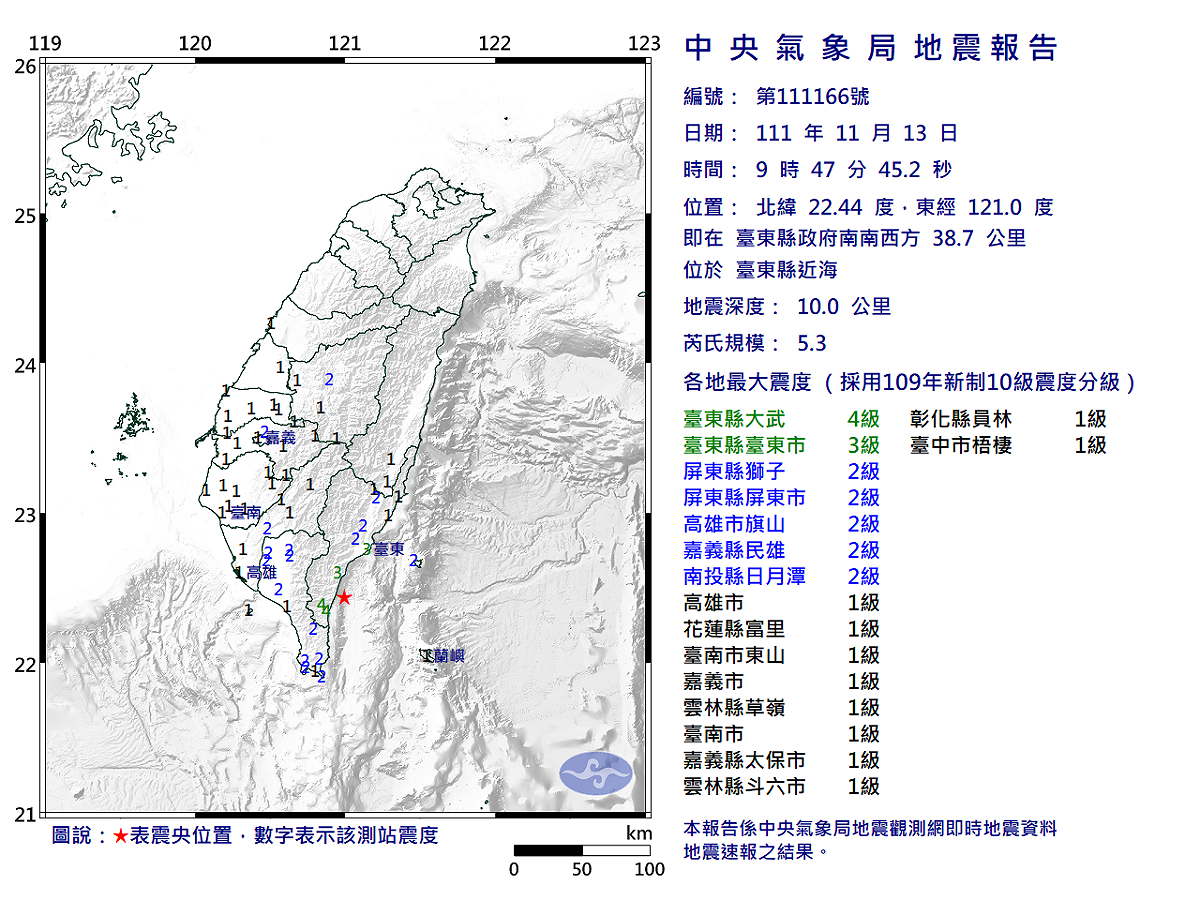 中央氣象局指出，上午9時47分台東近海發生芮氏規模5.3的地震。 圖：中央氣象局／提供