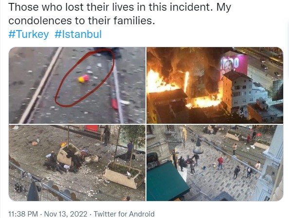 土耳其伊斯坦堡鬧區13日發生一起爆炸事故，至少造成6人罹難，81人受傷。 圖：翻攝推特