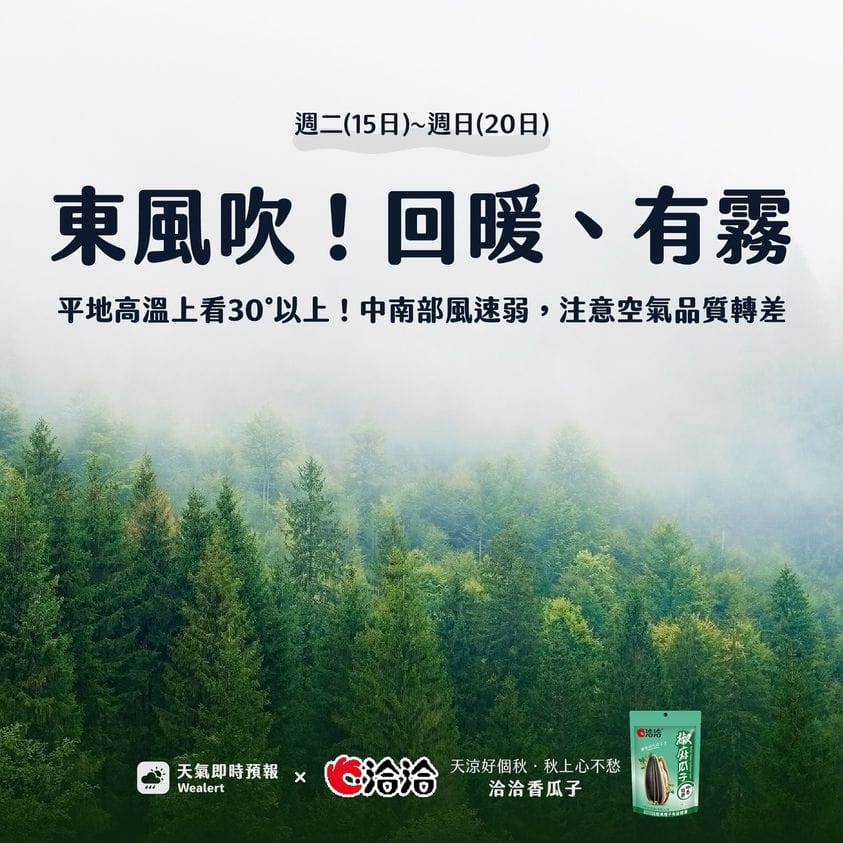 《天氣即時預報》表示，今日起隨著東北風減弱，改吹東風，會使各地「回暖、有霧」。 圖：取自《天氣即時預報》臉書