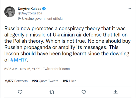 烏克蘭外交部長庫列巴（Dmytro Kuleba）發文表示大家不該相信俄羅斯的謠言。 圖：翻攝自推特@DmytroKuleba