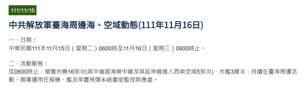 國防部公布台海周邊空域空情動態。 圖：翻攝國防部網頁