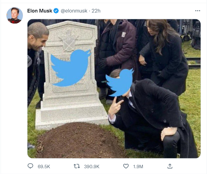 馬斯克發出一張推特已經成了墓碑的迷因圖，引發推特標籤「#RIPTwitter」的熱潮。 圖: 翻攝自推特