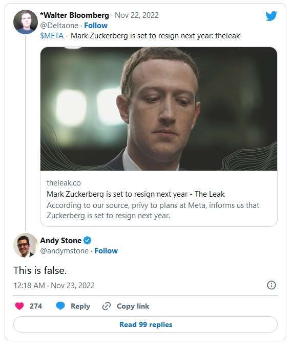 《The Leak》報導指出，祖克柏已決定自行離職。對此Meta發言人Andy Stone在推特回應，這篇報導是假的。 圖：翻攝自Walter Bloomberg推特