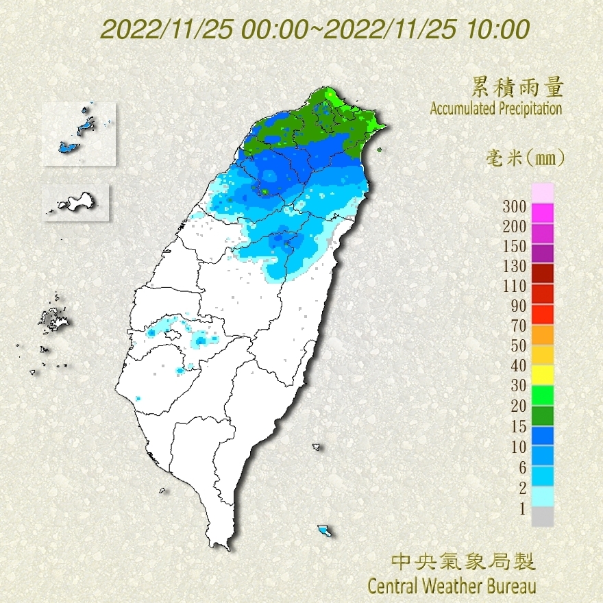 今天白天鋒面雲帶略北移，降雨範圍略往北，北部、東半部仍有局部短暫雨。 圖：翻攝自中央氣象局
